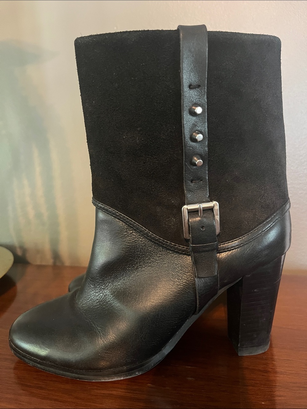 Women's Black Leather and Suede Mid-Calf Heeled Ankle Boots